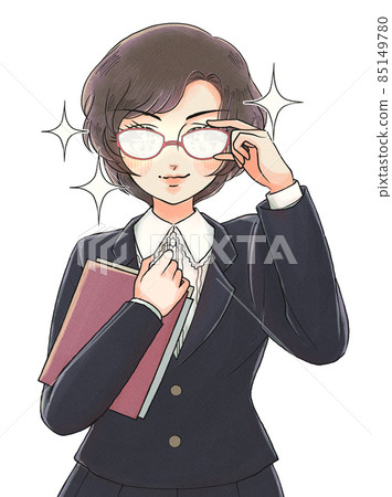 A woman who shines glasses with graphic novel style and documents 85149780
