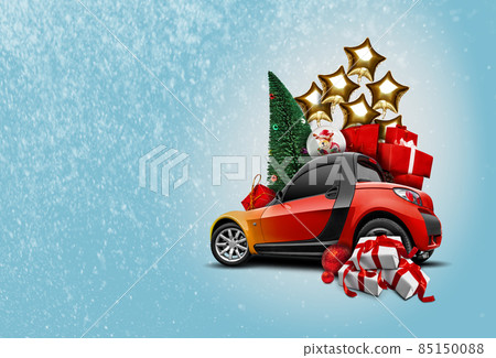 Orange car on blue background. Its snowing. Christmas tree, present boxes, balloons, snow globe nearby. Collage. Copy space, close-up. Orange car on blue background. Its snowing. Christmas tree, present boxes, balloons, snow globe nearby. Collage. Copy space, close-up. 85150088