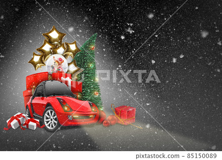 Red car on black background, headlights on. Its snowing. Christmas tree, present boxes, balloons, snow globe nearby. Collage. Copy space, close-up. 85150089
