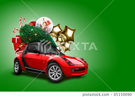 Red car on green background. Christmas tree, presents, balloons in form of golden stars, snow globe, candies on roof. Collage. Copy space, close-up. 85150090
