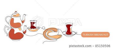 Traditional Turkish breakfast. Tea and Simit or Turkish bagel. Vector one linear continuous art with text Turkish style. Isolated elements for banner, logo or social media. Traditional Turkish breakfast. Tea and Simit or Turkish bagel. Vector one linear continuous art with text Turkish style. Isolated elements for banner, logo or social media. 85150506