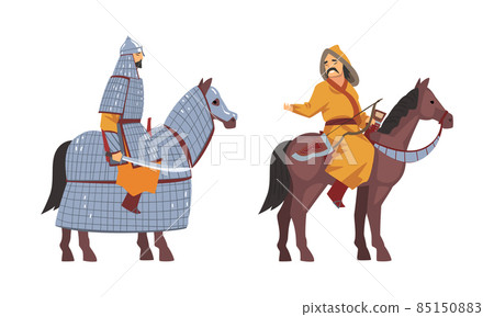 Mongol Man on Horse with Bow and Sword Vector Set Mongol Man on Horse with Bow and Sword Vector Set 85150883