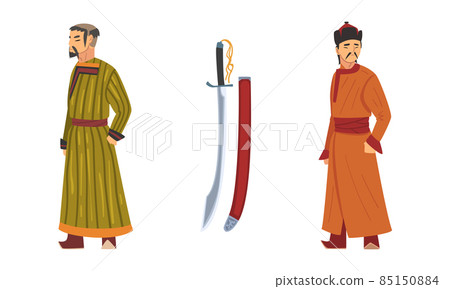 Mongol Man Wearing Traditional Long Clothing and Sword Vector Set. 85150884