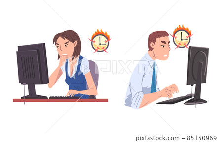 Man and Woman Office Worker Failed with Deadline Staying Late at Workplace and Burning Clock Vector Set 85150969