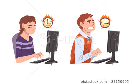 Man and Woman Office Worker Failed with Deadline Staying Late at Workplace and Burning Clock Vector Set 85150995