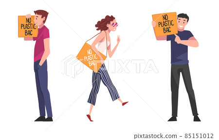 People Character with Placard Having No Plastic Bag Inscription Vector Set 85151012