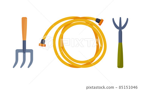 Rolled Water Hose and Rake as Garden Tools Vector Set Rolled Water Hose and Rake as Garden Tools Vector Set 85151046