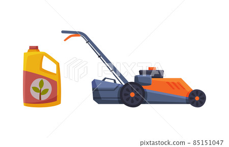 Lawn Mower and Fertilizer in Bottle as Garden Tools Vector Set 85151047