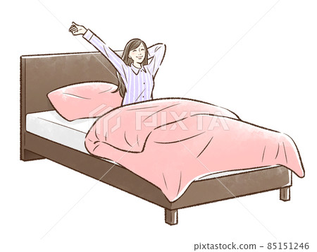 Young woman waking up in a pink bed (morning) _ no background 85151246