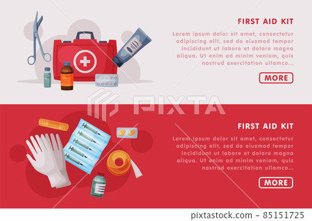 First Aid Kit Landing Page with Medical Equipment and Medication Vector Template 85151725