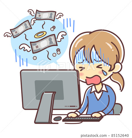 Illustration of a woman crying after confirming that she has run out of money on her computer (money flies away) Illustration of a woman crying after confirming that she has run out of money on her computer (money flies away) 85152640