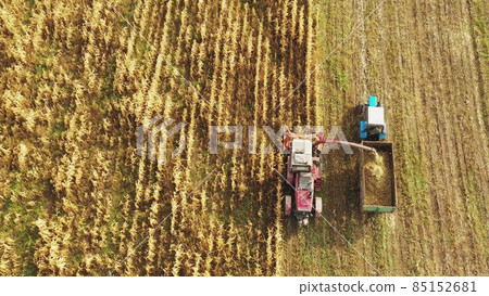 Aerial View Of Rural Landscape. Combine Harvester And Tractor Working In Corn Field. Collects Dry Corn Plants. Harvesting Of Maize In Late Summer. Agricultural Machine Collecting Plants In Cornfield Aerial View Of Rural Landscape. Combine Harvester And Tractor Working In Corn Field. Collects Dry Corn Plants. Harvesting Of Maize In Late Summer. Agricultural Machine Collecting Plants In Cornfield 85152681