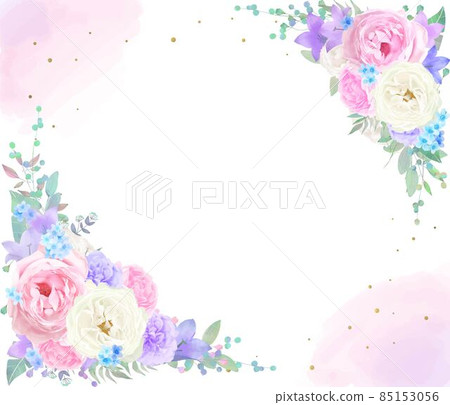Beautiful white and pink roses and blue star and purple flowers invitation watercolor style romantic vector frame Beautiful white and pink roses and blue star and purple flowers invitation watercolor style romantic vector frame 85153056