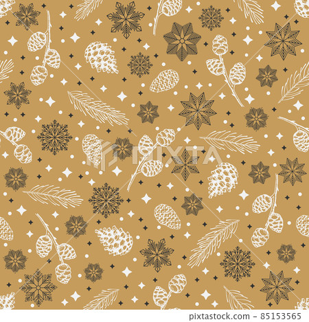 Hand drawn floral winter seamless pattern with christmas tree toys and Snowflakes. Vector illustration background 85153565