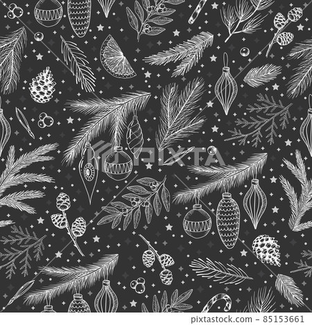 Hand drawn floral winter seamless pattern with christmas tree toys and Snowflakes. Vector illustration background 85153661