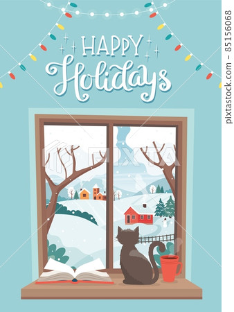 Winter window - a cat sitting on the sill with winter landscape and lettering. Cute cozy vector illustration in flat style 85156068