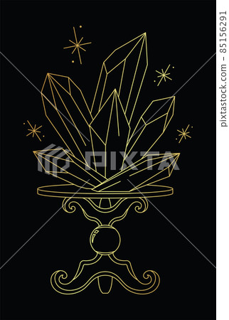 Golden vector lineart sketch quartz crystals on a stand on black 85156291
