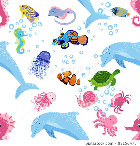 Marine life, fish, animals bright seamless pattern. sea travel, underwater diving animal tropical fish. Jellyfish, whale, shark, seahorse, clown fish, dolphin, turtle emperor fish octopus stingray Marine life, fish, animals bright seamless pattern. sea travel, underwater diving animal tropical fish. Jellyfish, whale, shark, seahorse, clown fish, dolphin, turtle emperor fish octopus stingray 85156473