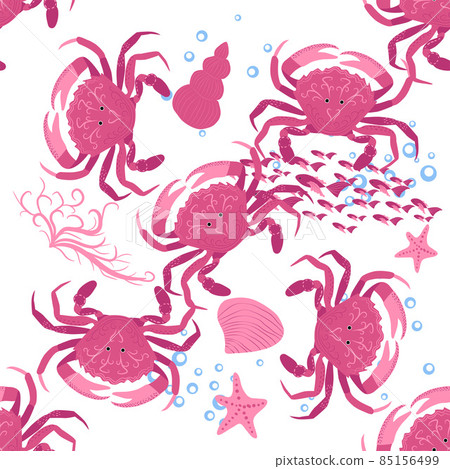 Crab marine life, fish, animals bright seamless pattern. sea travel, snorkeling with animals, tropical fish 85156499