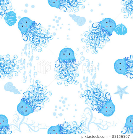 Jellyfish, fish, animals bright seamless patterns. Sea travel, snorkeling with animals, tropical fish 85156507