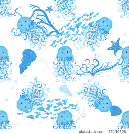Jellyfish, fish, animals bright seamless patterns. Sea travel, snorkeling with animals, tropical fish 85156508