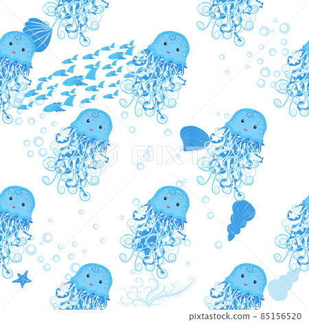 Jellyfish, fish, animals bright seamless patterns. Sea travel, snorkeling with animals, tropical fish 85156520