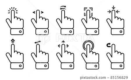 Hand Swipe and Tap icon collection. Up arrow button symbol. Social media scrolling. Vector Illustration. Hand Swipe and Tap icon collection. Up arrow button symbol. Social media scrolling. Vector Illustration. 85156829