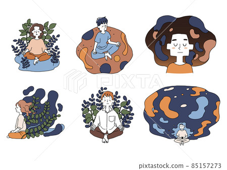 一組閉上眼睛,以瑜伽姿勢靜心冥想的人正念散線畫人物插畫 一組閉上眼睛,以瑜伽姿勢靜心冥想的人正念散線畫人物插畫 85157273