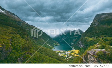 Geirangerfjord, Norway. Geiranger In Geirangerfjorden In Sunny Summer Day. Famous Norwegian Landmark And Popular Destination. 4K 85157582