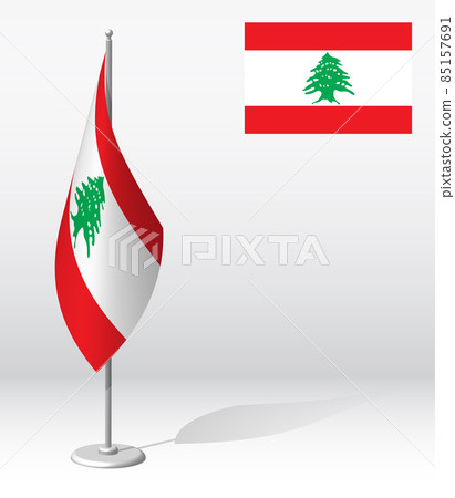 LEBANON flag on flagpole for registration of solemn event, meeting foreign guests. National independence day of LEBANON. Realistic 3D vector on white LEBANON flag on flagpole for registration of solemn event, meeting foreign guests. National independence day of LEBANON. Realistic 3D vector on white 85157691