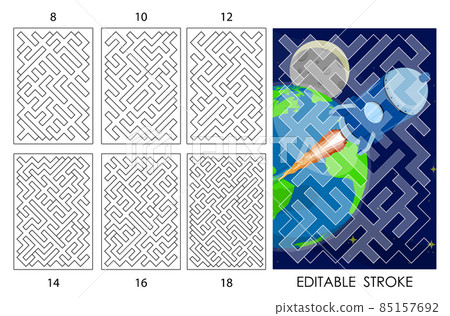template of maze puzzle pieces of different difficulty levels for laser cutting. Editable stroke weight. Children educational games. Black and white vector template of maze puzzle pieces of different difficulty levels for laser cutting. Editable stroke weight. Children educational games. Black and white vector 85157692