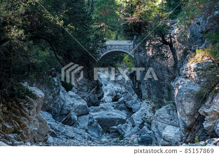 ancient Roman bridge over a shady gorge in the Kesme Bogazi canyon, Turkey 85157869