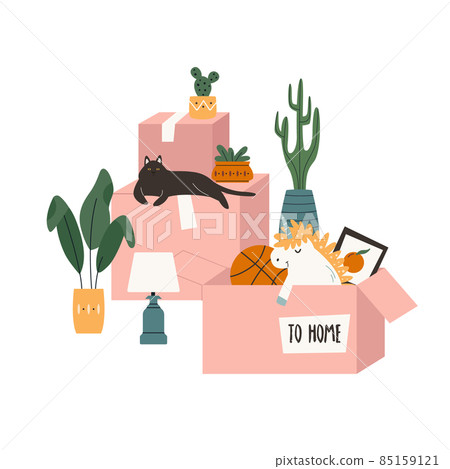 Vector illustration with packed cardboard boxes, homeplants, toys and other belongings. 85159121
