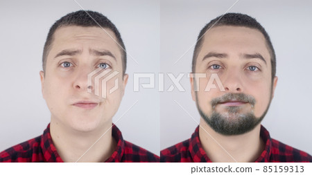 Before and after. On the left is a man without facial hair. On the right, the guy has grown a beard and mustache. The concept of change in appearance, stimulation of hair growth and male beauty 85159313
