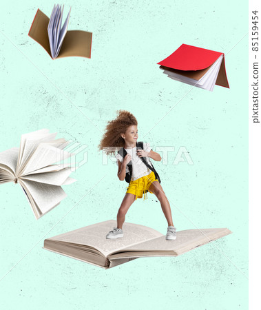 Contemporary art collage of child, girl flying on open book isolated over mint background Contemporary art collage of child, girl flying on open book isolated over mint background 85159454