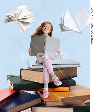 Contemporary art collage of little girl sitting on books and reading isolated over blue background Contemporary art collage of little girl sitting on books and reading isolated over blue background 85159455