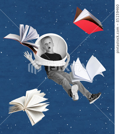 Creative design. Contemporary art collage of boy, child in astronaut helmet flying in night sky around books Creative design. Contemporary art collage of boy, child in astronaut helmet flying in night sky around books 85159460