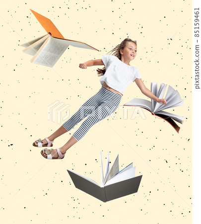 Contemporary art collage of little girl, child flying, levitating among open books isolated over yellow background Contemporary art collage of little girl, child flying, levitating among open books isolated over yellow background 85159461