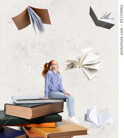 Creative art collage of little girl, child sitting and dreaming around flying books isolated over beige background Creative art collage of little girl, child sitting and dreaming around flying books isolated over beige background 85159462