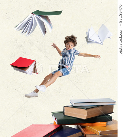 Creative contemporary art collage of little boy, child falling into books isolated over light background Creative contemporary art collage of little boy, child falling into books isolated over light background 85159470