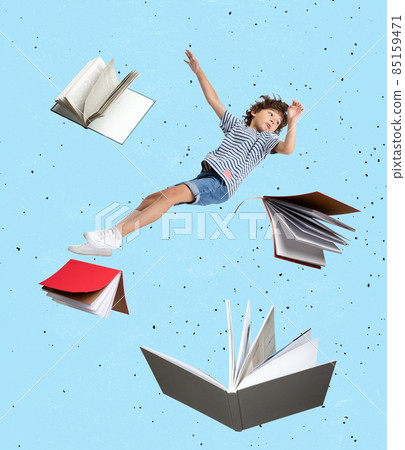 Contemporary art collage with little boy, child falling into book world isolated over blue background Contemporary art collage with little boy, child falling into book world isolated over blue background 85159471