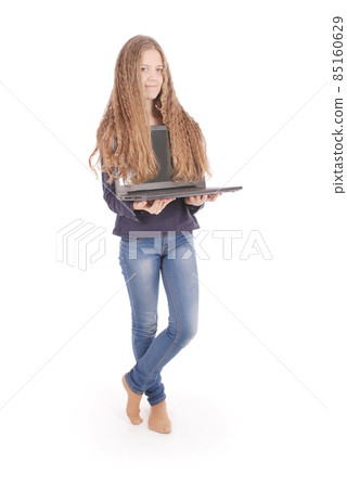 Smiling student teenage girl with laptop 85160629