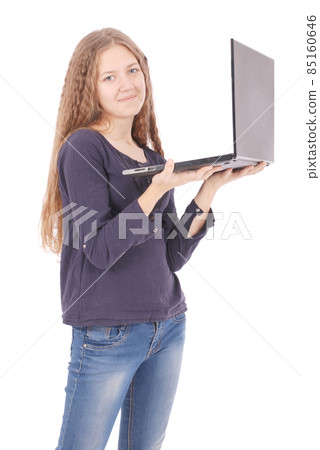 Smiling student teenage girl with laptop 85160646