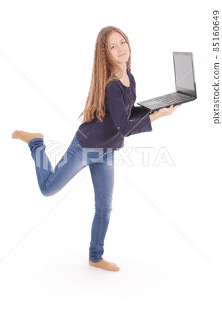 Smiling student teenage girl with laptop 85160649