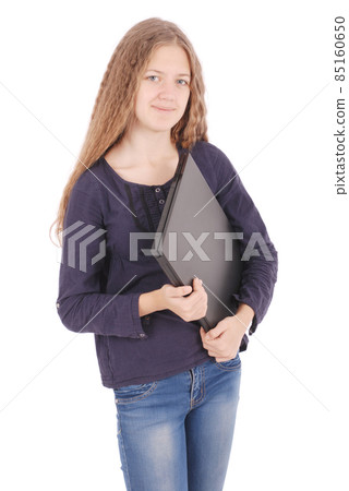 Smiling student teenage girl with laptop 85160650