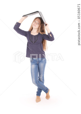 Smiling student teenage girl with laptop Smiling student teenage girl with laptop 85160671