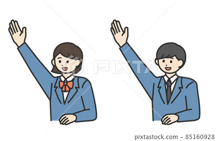 Illustration material set of male and female students raising one hand with a smile Illustration material set of male and female students raising one hand with a smile 85160928