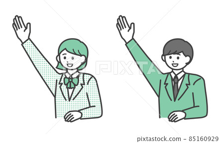 Illustration material set of male and female students raising one hand with a smile 85160929