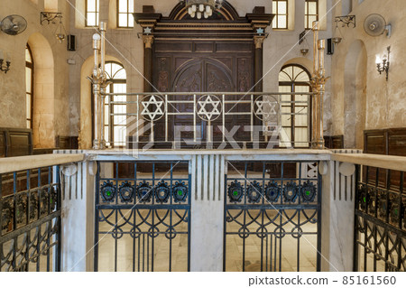 Altar of historic Jewish Maimonides Synagogue or Rav Moshe Synagogue with wooden entrance at the far end, Cairo, Egypt Altar of historic Jewish Maimonides Synagogue or Rav Moshe Synagogue with wooden entrance at the far end, Cairo, Egypt 85161560