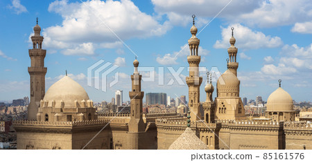 Minarets and domes of Sultan Hasan mosque and Al Rifai Mosque, Old Cairo, Egypt 85161576